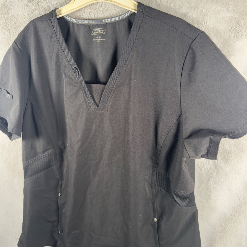 Genuine Dickies Black Scrub Top V-Neck Ribbed‎ Side Panels 2XL Short Sleeve